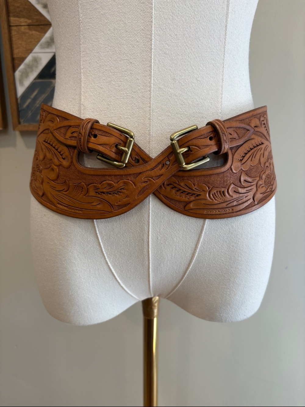 Vintage Ralph Lauren Brown Tooled Leather Cross Double Buckle Belt size Medium